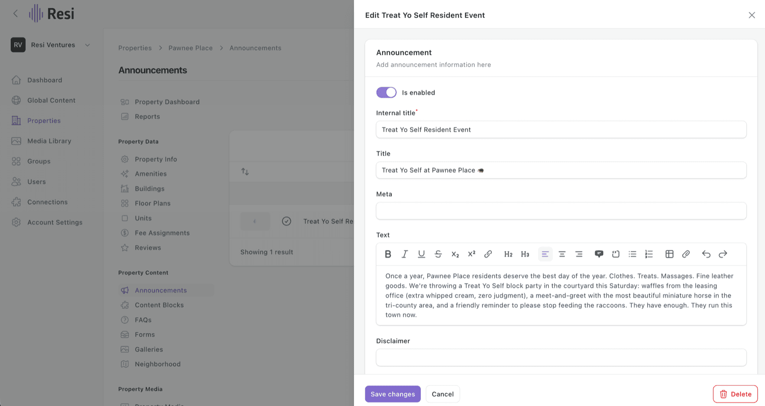 The announcement editor on a property - Internal title, Title, and the Text of your message.