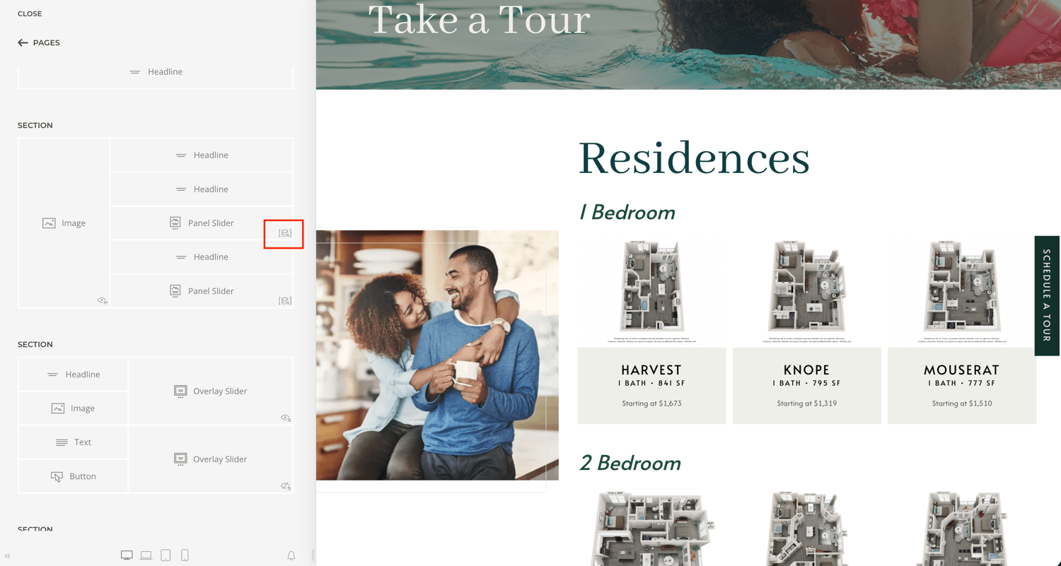 In the site builder, dynamic sections that pull from your Resi data carry a small indicator (highlighted here).