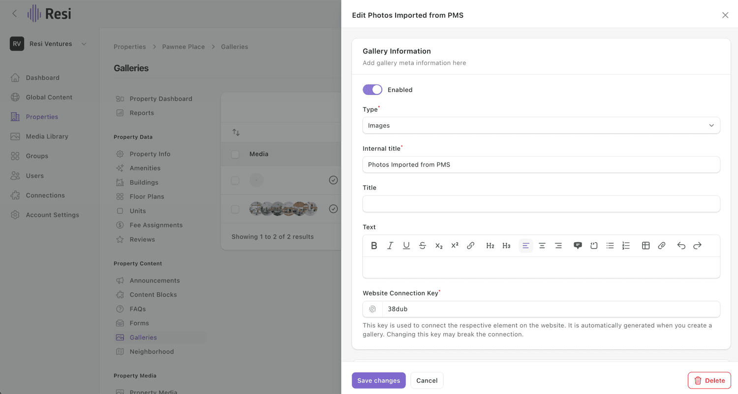 The gallery editor on a property - the Type dropdown, Internal title, and the Enabled toggle.