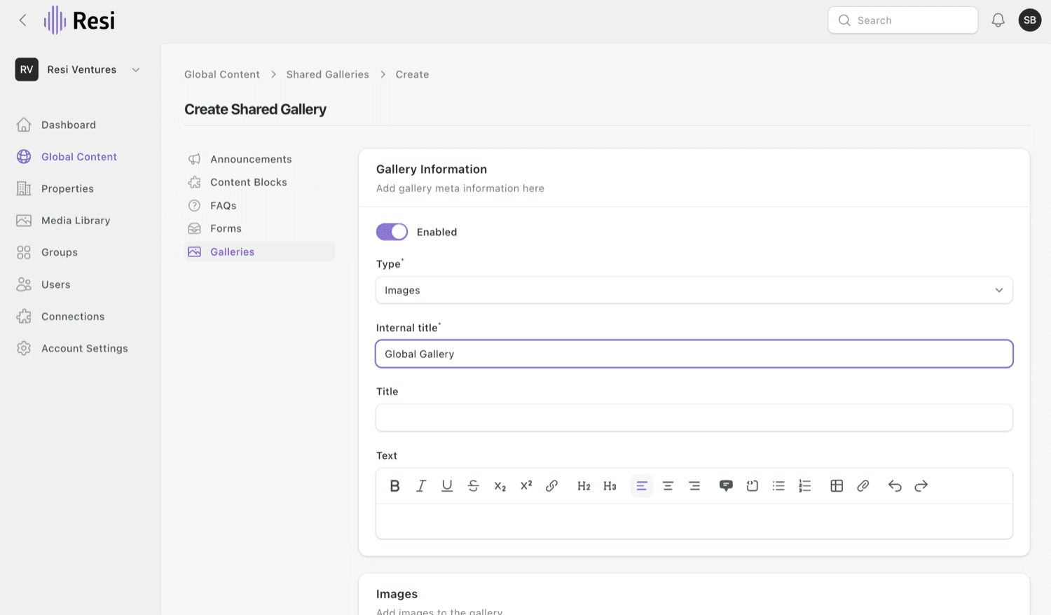Creating a shared gallery in Global Content - it becomes available to every property.
