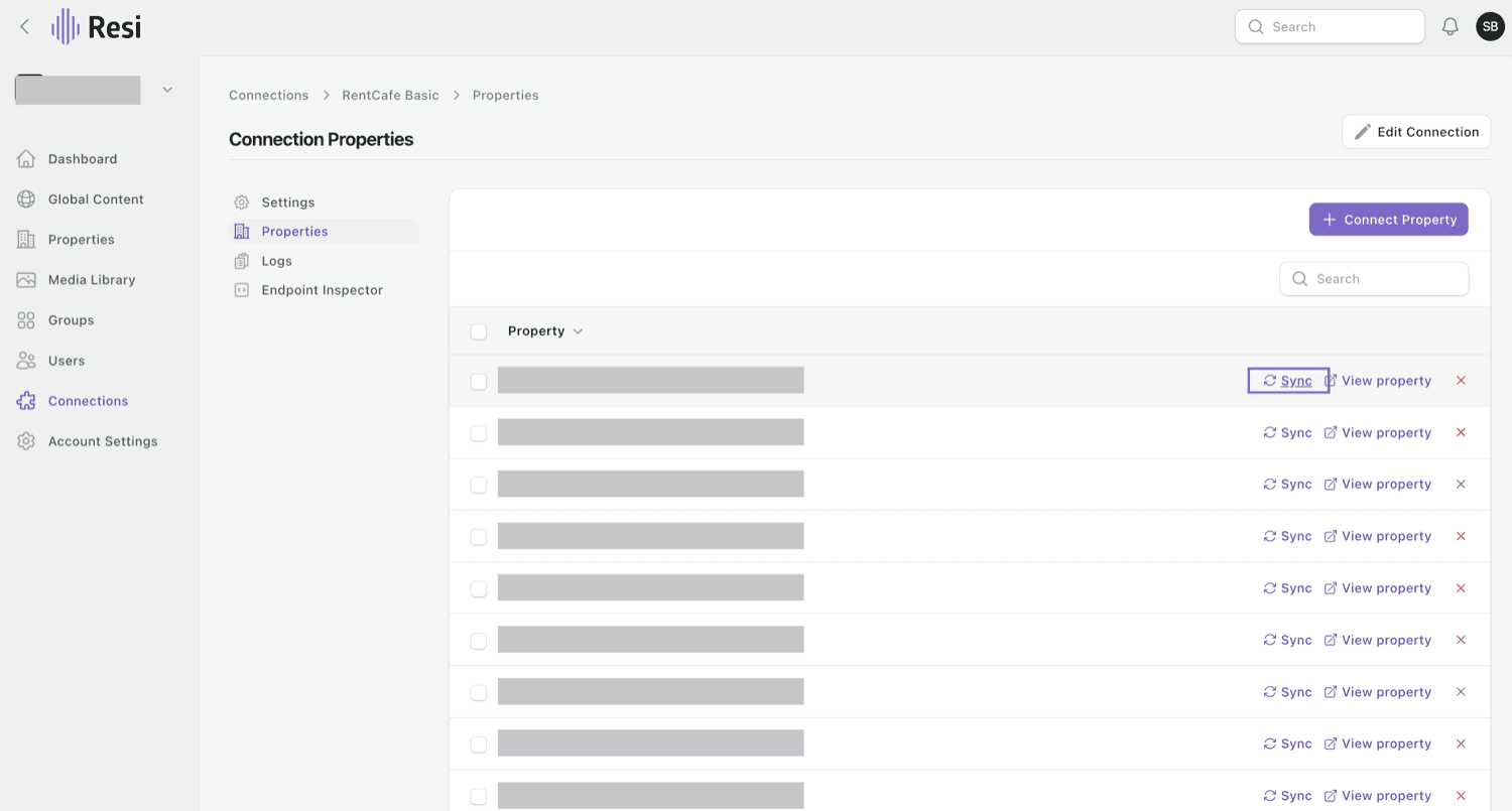 Re-syncing a property from its PMS connection - click Sync on the property to pull the latest data.